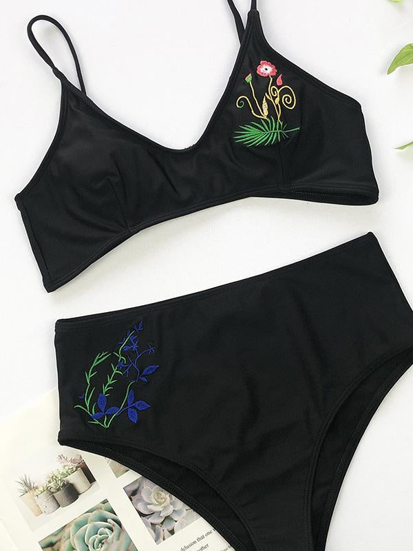 Embroidered Chinlon Spaghetti-Neck Bikini Swimsuit