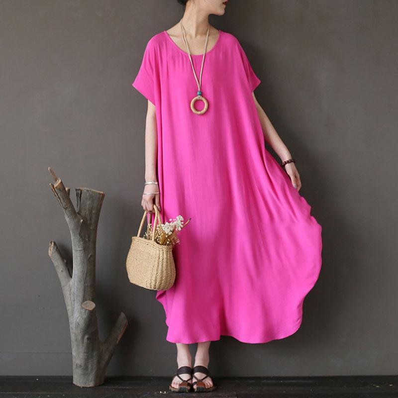 Women Cotton Short Sleeve Plain Pink Loose Dress