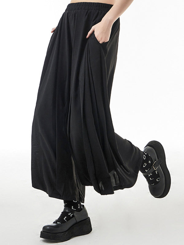 Casual Elasticity Waisted Solid Color Wide Leg Pleated Pants