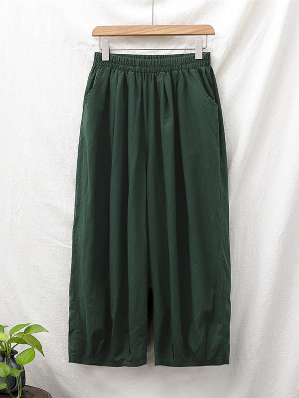 Simple Loose Linen Solid Color Pleated Drawstring Wide Legs Knickerbockers