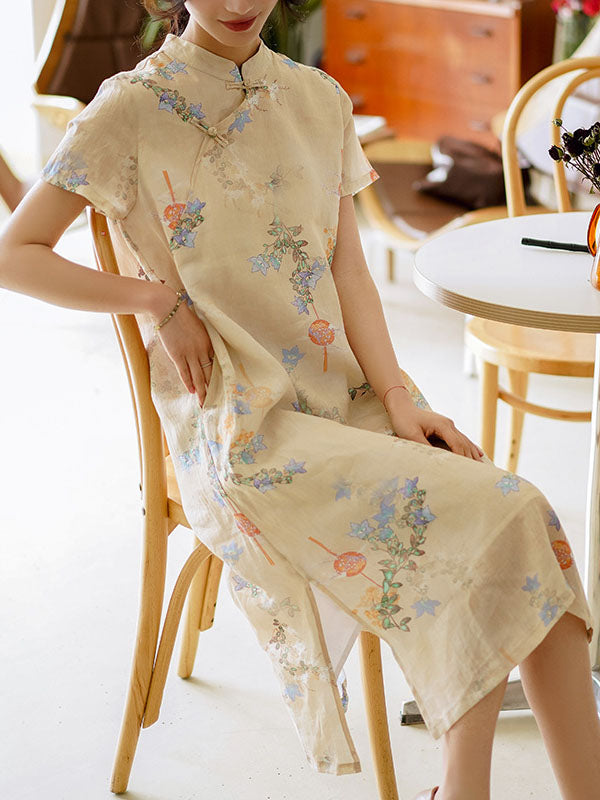 Vintage Ramie Cotton Floral Printed Stand Collar Split-Side Short Sleeves Dress Long Cheongsam