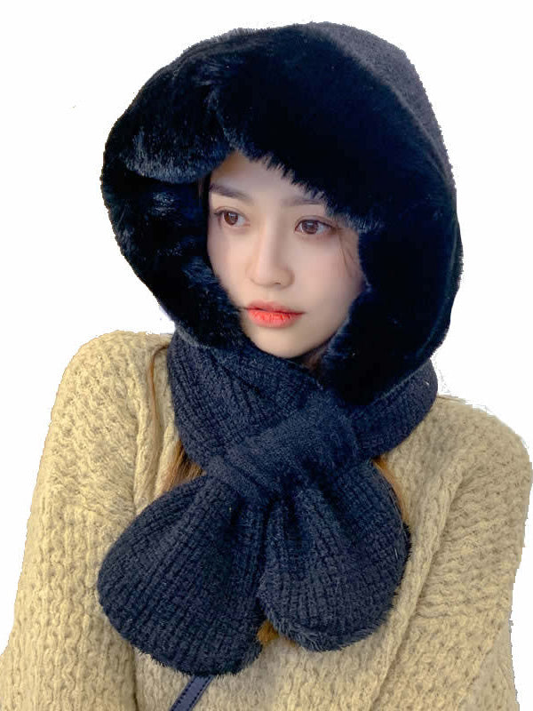 Casual Warm Solid Color With Scarf Knitted Hat