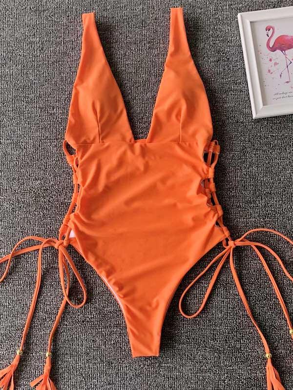 Plain Plunging Lace Up One-piece Swimsuit