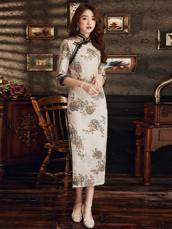 Vintage Floral Printed Split-Joint Lace Stand Collar Half Sleeves Long Cheongsams