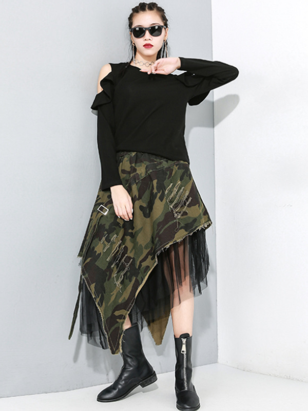 Stylish Camouflage Split-Joint Asymmetric Skirt