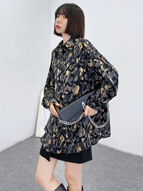 Original Stylish Loose Irregular Split-Joint Buttoned Floral Printed Lapel Collar Long Sleeves Blouse