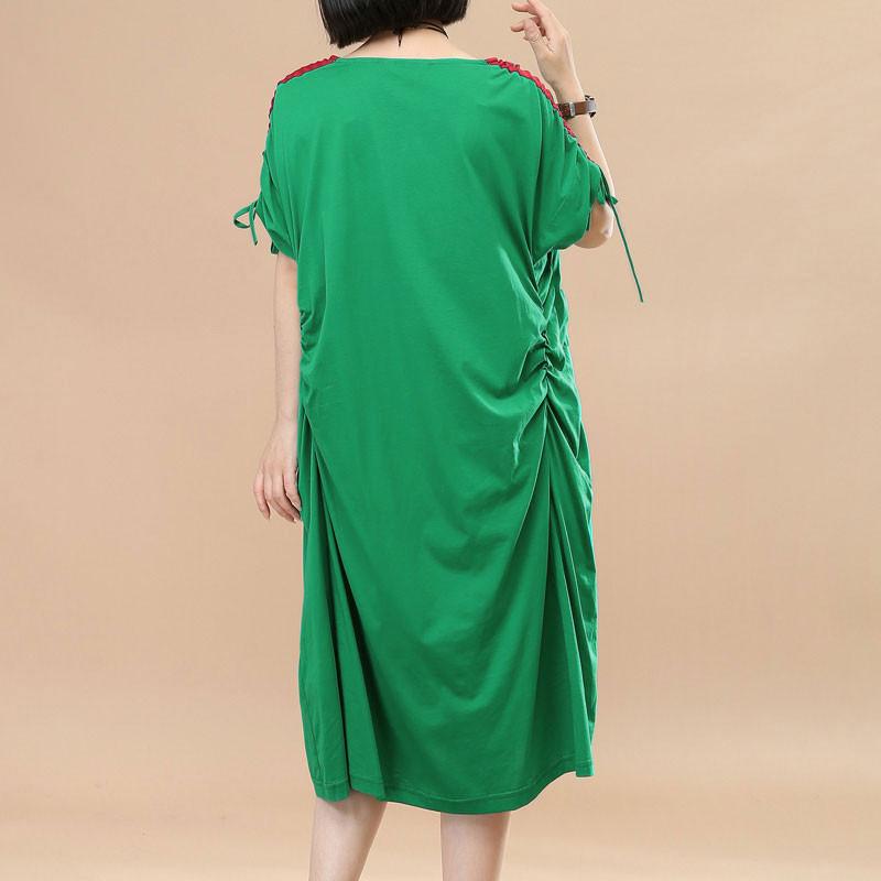 Splicing Women Loose Casual Summer String Folded Cotton Green Dress