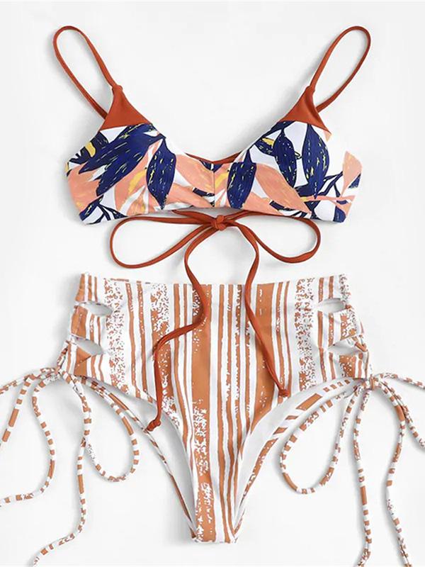 Printed Bandage Split Bikini Swimsuit