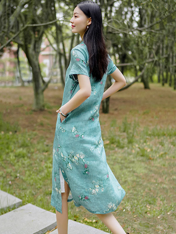 Vintage Ramie Cotton Floral Printed Stand Collar Split-Side Short Sleeves Dress Long Cheongsam