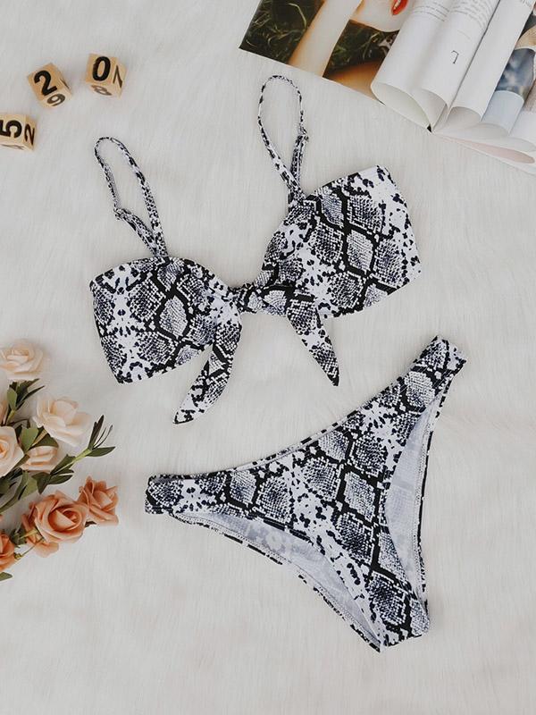 Sexy Spaghetti Strap Bow-embellished Snakeskin Bikini Set