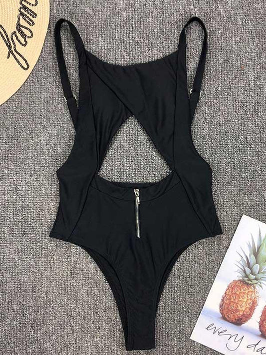 Sexy Spaghetti-Neck Hollow Backless Zip One-Piece Swimwear