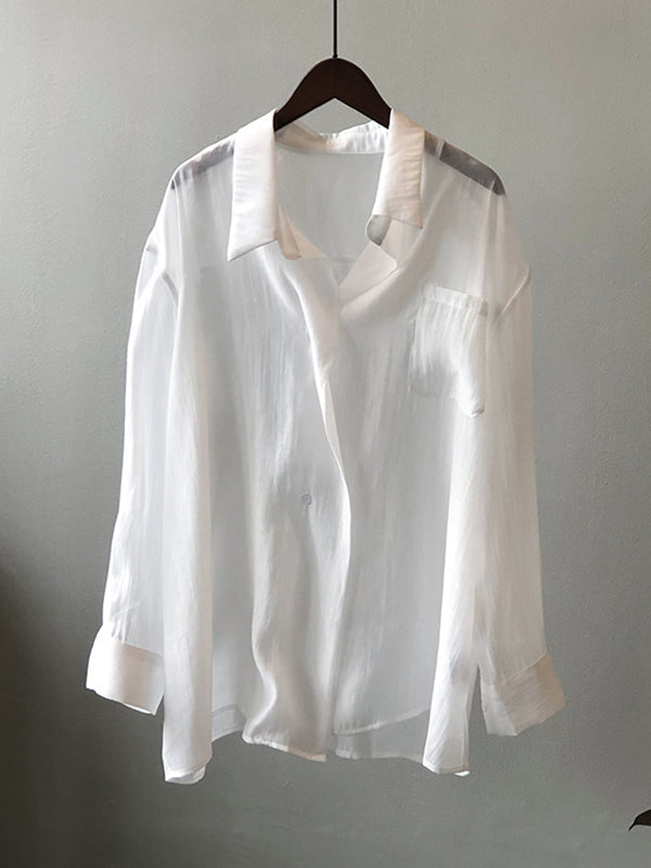 Simple Loose Long Sleeves Solid Color Thin Blouse