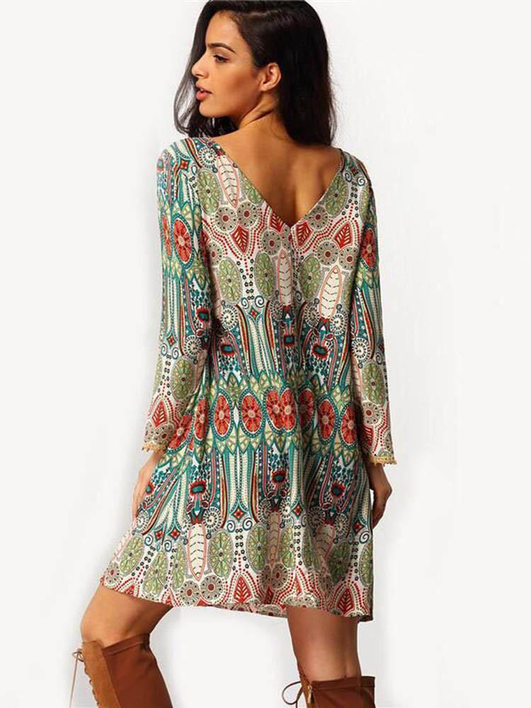 Beautiful Bohemia Long Sleeve Round Neck Mini Dress