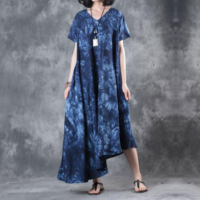 Retro Printing Loose Women Cotton Floral Irregular Splicing Blue Dress