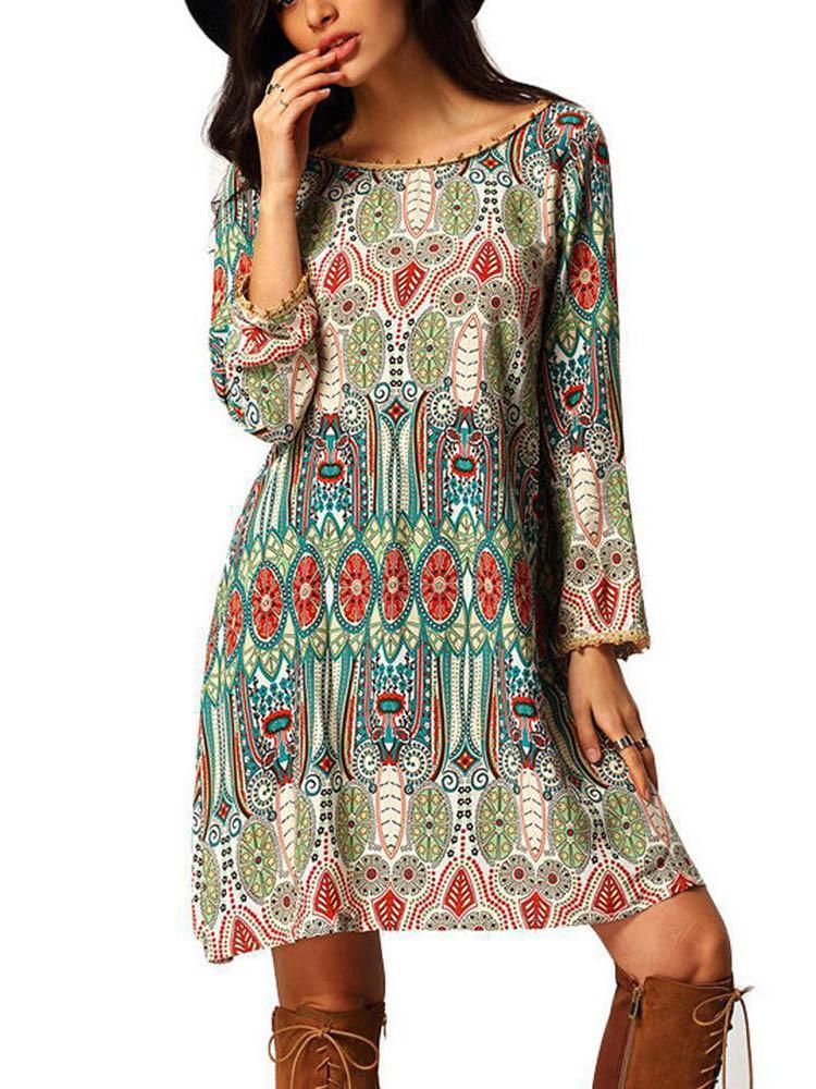 Beautiful Bohemia Long Sleeve Round Neck Mini Dress