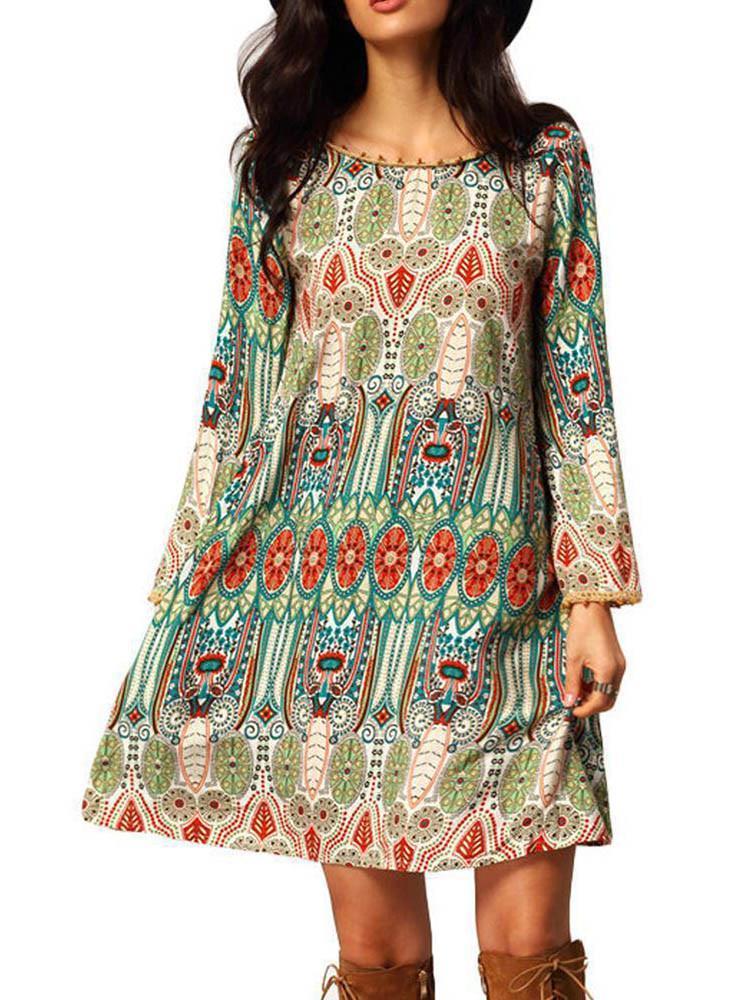 Beautiful Bohemia Long Sleeve Round Neck Mini Dress