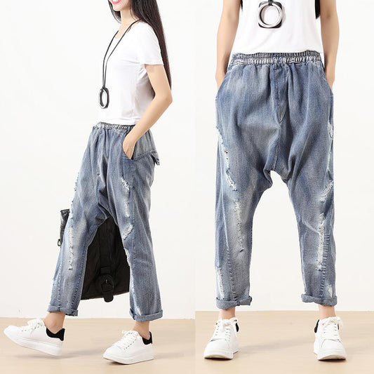 Fashionable Punk Hole Cotton Dark Blue Women Pants