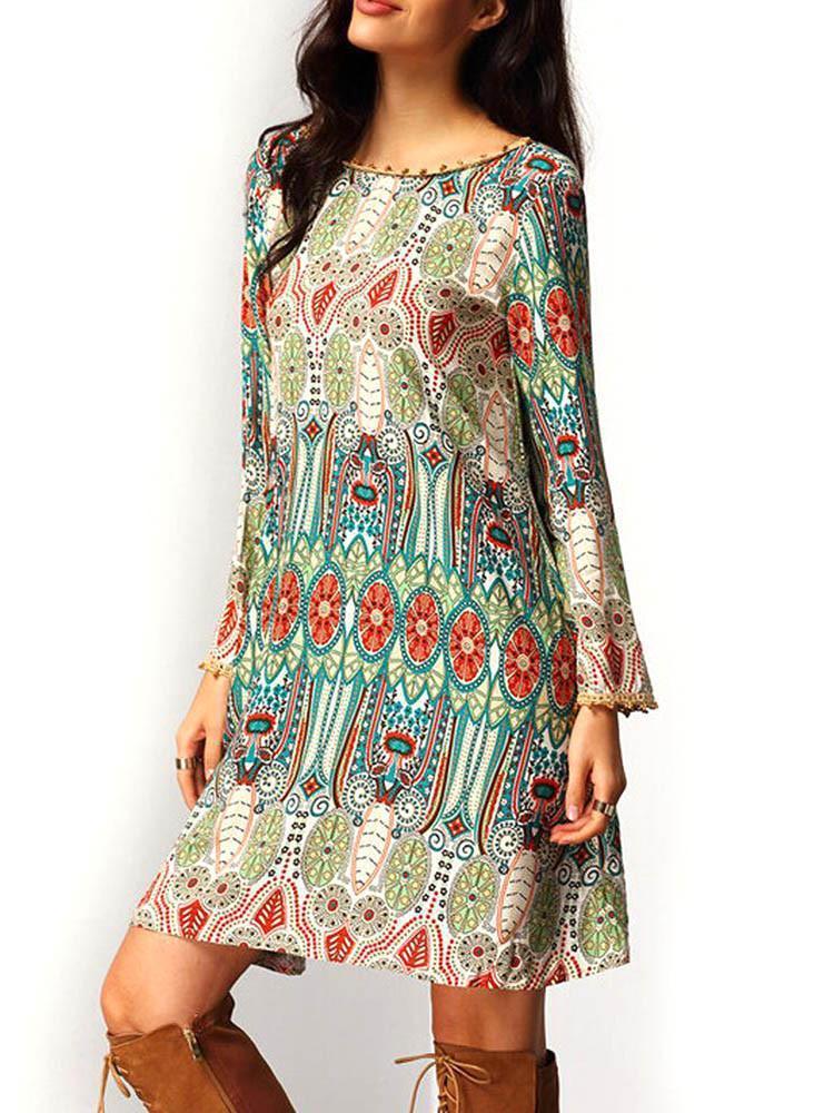 Beautiful Bohemia Long Sleeve Round Neck Mini Dress