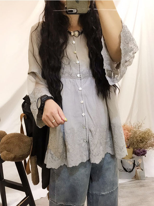 RETRO LACE EMBROIDERED GAUZE SLEEVES SHIRT