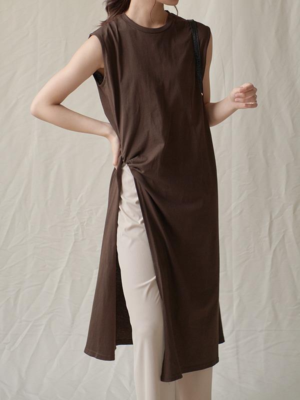 Casual Split-Side Sleeveless Ruffled Long Shirts