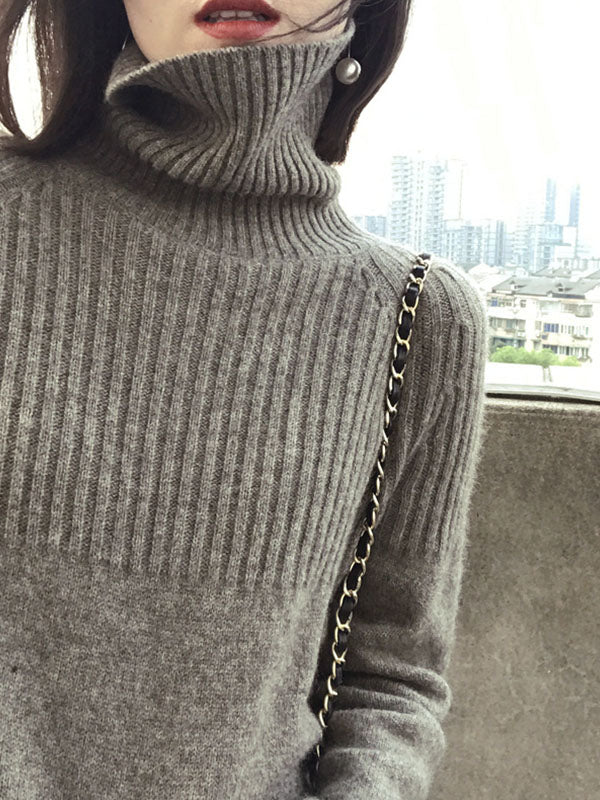 LOOSE HIGH-NECK HIGH-LOW SOLID CASUAL SWEATER