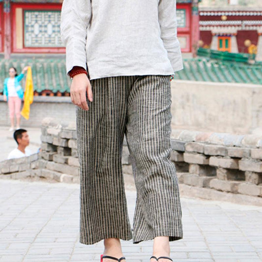 Loose linen Ankle Length Gray Coffee Stripe Women Pants