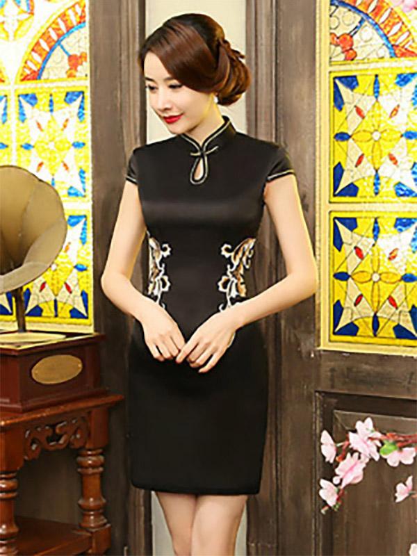 Elegant Black Embroidered Short Cheongsam