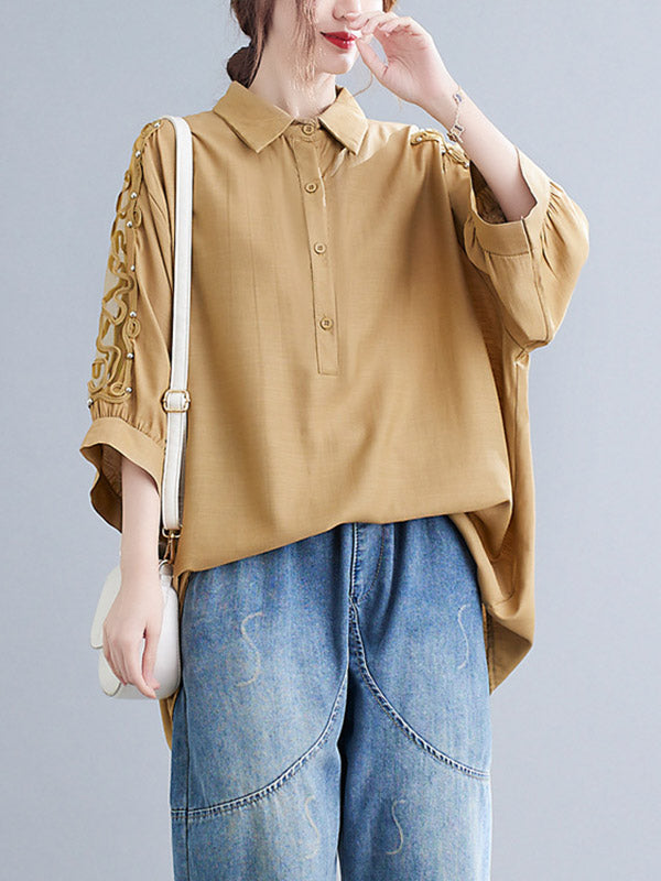 Casual Split-Joint Lace Hollow Seven-Quarter Sleeves Blouses Top