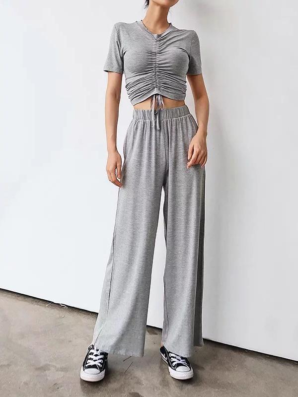 Drawstring Pleated Tees And Wide Leg Pants Suits