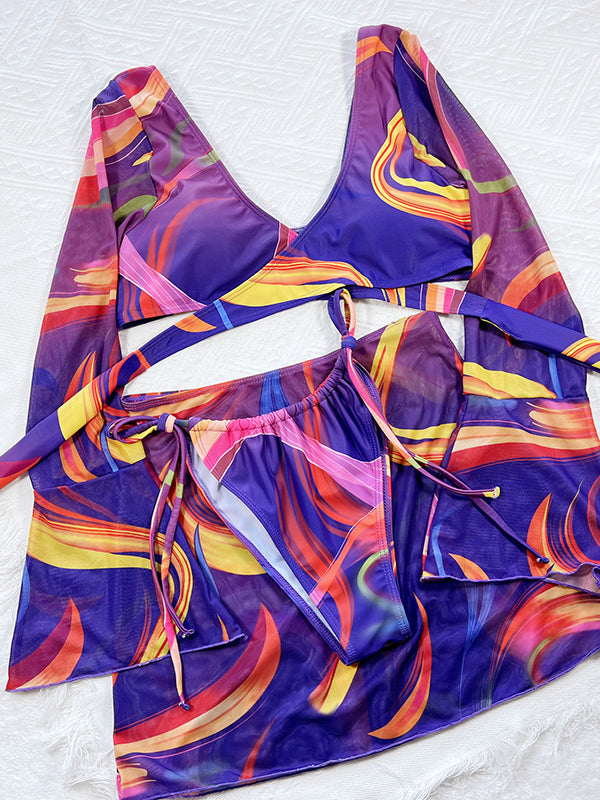 Printed Backless Bikini Swimwear Three Pieces Set