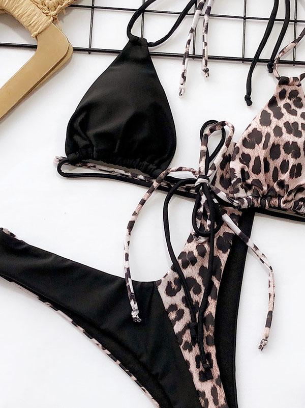 Leopard Stitching Halter Bikini Swimsuit