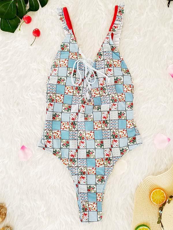 Printed Sexy Lace-Up One-piece Swimwear