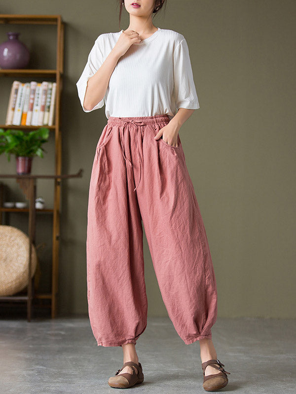 Simple Casual Loose Linen Solid Color Pleated Drawstring Knickerbockers