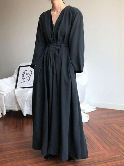 2 Colors V-neck Long Sleeves Belted Maxi Dress