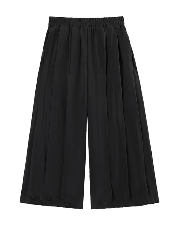 Casual Elasticity Waisted Solid Color Wide Leg Pleated Pants