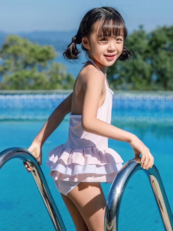 AONIHUA Solid Light Pink Sweet Girl Swimwear