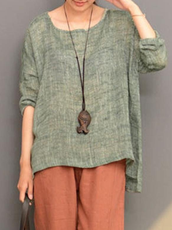 Loose Linen Round-neck Split-joint Long Sleeves T-shirt