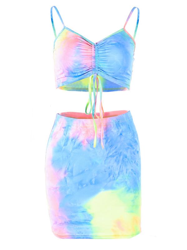 Tie-dyed Spaghetti-neck Vest Top And Mini Dresses Suits