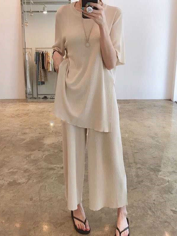 Casual Solid Color Split-Side Round-Neck Half Sleeves T-Shirt+Wide Leg Pants 2 Pieces Set