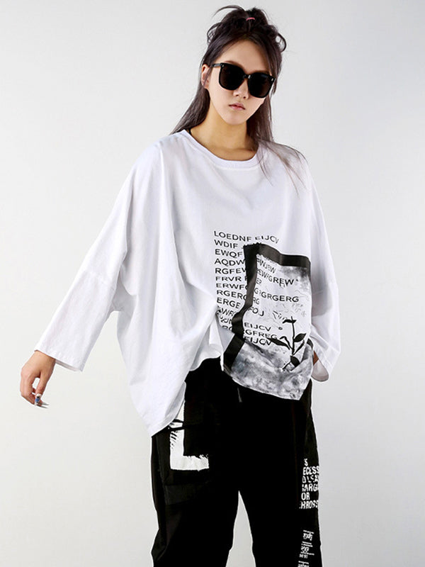 Casual Long Sleeves Loose Letter Print Round-Neck T-Shirts Tops