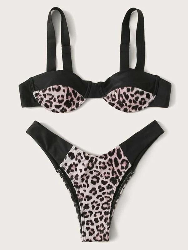 Leopard-Print Split-Joint Split Bikini Swimsuit