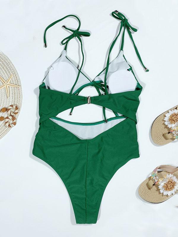 Spaghetti-Neck Hollow Bandage One-Piece Swimsuit