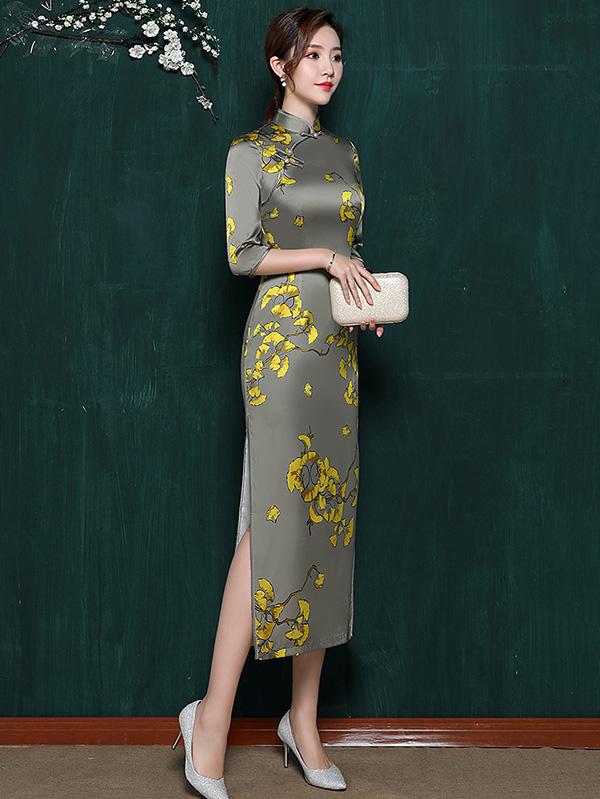 Mulberry Silk Floral Split-side Stand-collar Long Cheongsam