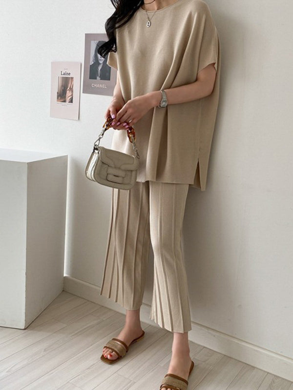 Casual Solid Color Split-Side Round-Neck Batwing Short Sleeves T-Shirt+Pleated Wide Leg Pants 2 Pieces Set