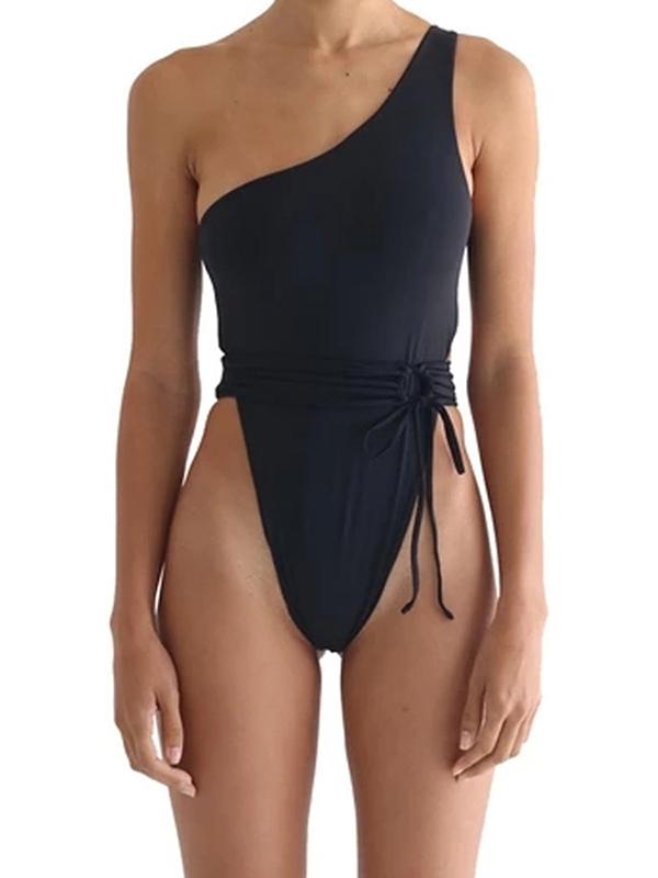 Solid Color One-Shoulder One-Piece Swimsuit