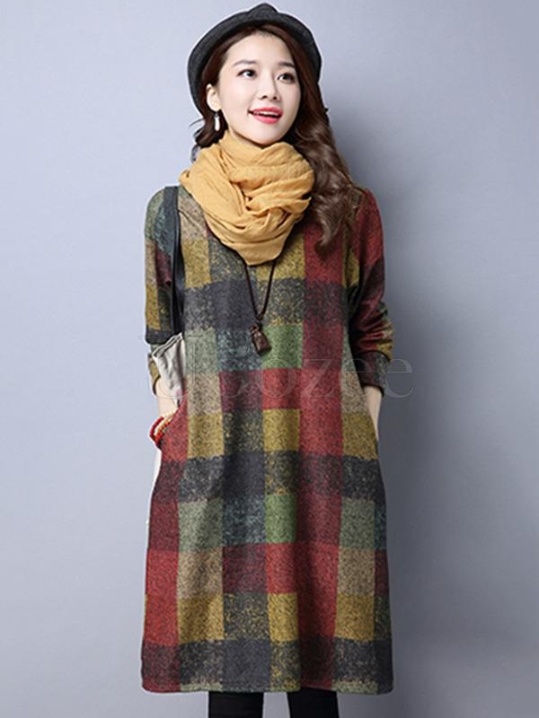 Retro Plaid Thicken Woolen Mini Dress