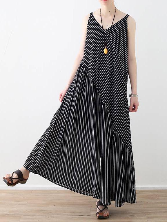 Loose Striped Split-joint Wide-leg Sleeveless V-neck Jumpsuits