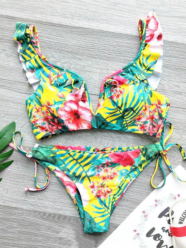 Sexy V-Neck Falbala Printing Split Type Bikini Swimsuit