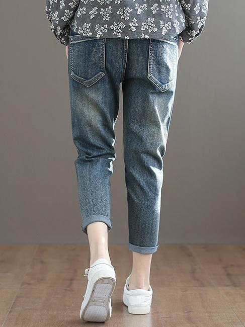 Embroidered Strap Elastic National Jeans Bottom