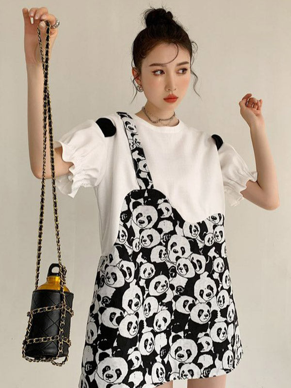 Original Stylish Falbala Split-Joint Panda Printed Round-Neck Bishop Sleeves T-Shirt Mini Dress